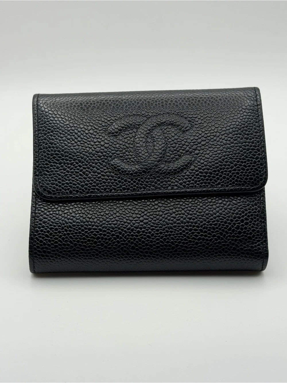 CHANEL Black Caviar Leather Compact Trifold Wallet